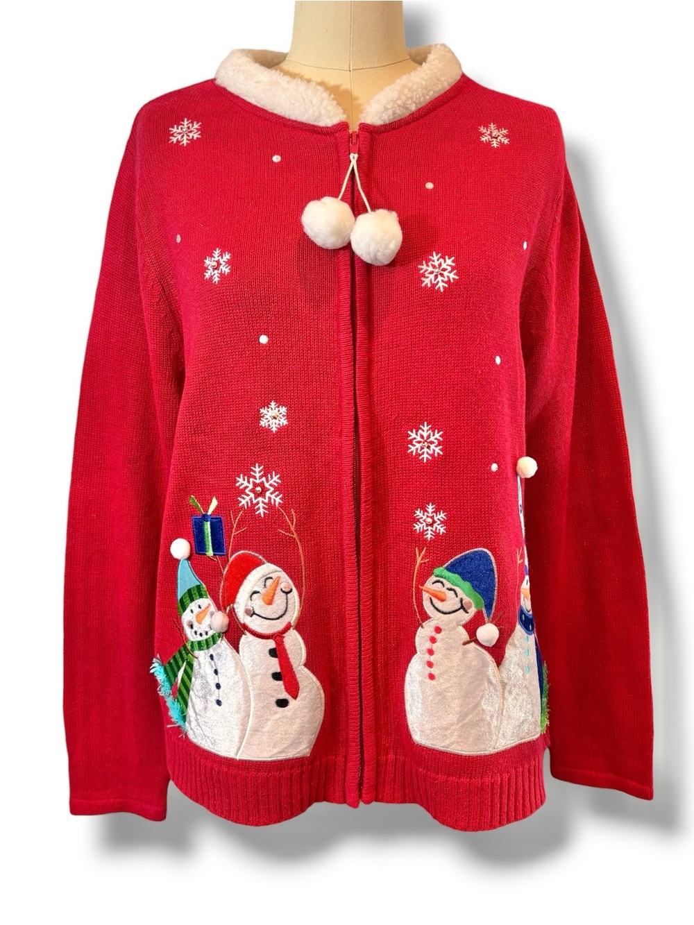Ugly Christmas Sweater Classic Elements Red Zip Cardigan Snowmen Women’s Sz L - Picture 2 of 10